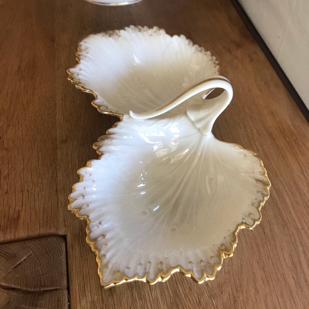 Lenox Double Leaf Bowl 24k Gold Trim Double Snack Nut Dish w Handle